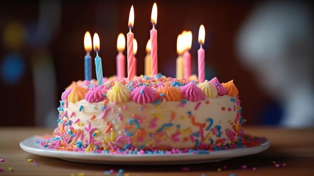 Birthday cake with 10 candles and multicolored sprinkles GENERATE AI