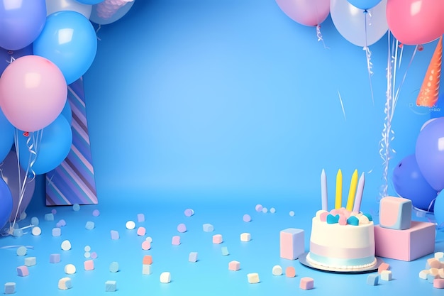 A birthday cake with a balloon and balloons on the floor