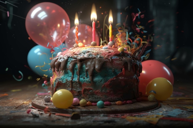 A birthday cake with balloons in the background