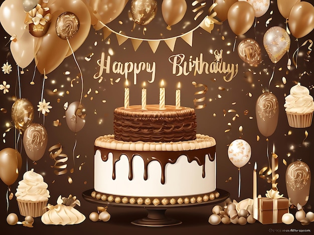 a birthday cake with balloons and a banner that says happy birthday