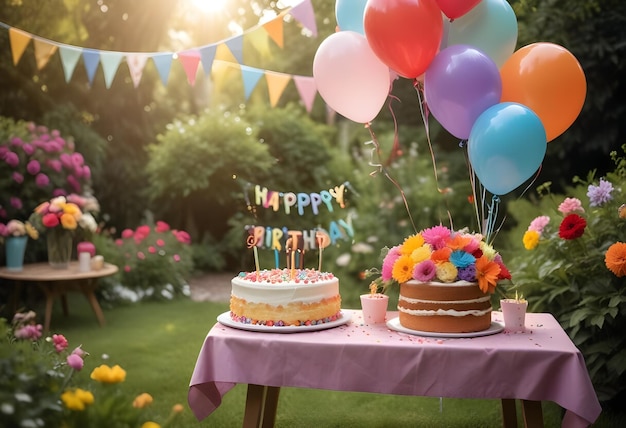 a birthday cake with balloons and a birthday cake on a table