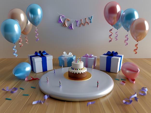 a birthday cake with balloons and a birthday cake on a table