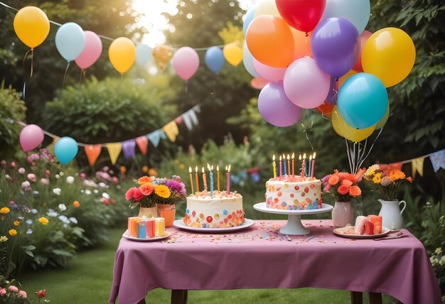 a birthday cake with balloons and a cake on a table