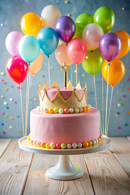 Photo birthday cake with balloons and a crown for a festive celebration