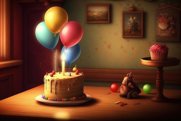 A birthday cake with balloons on it and a horse in the background.