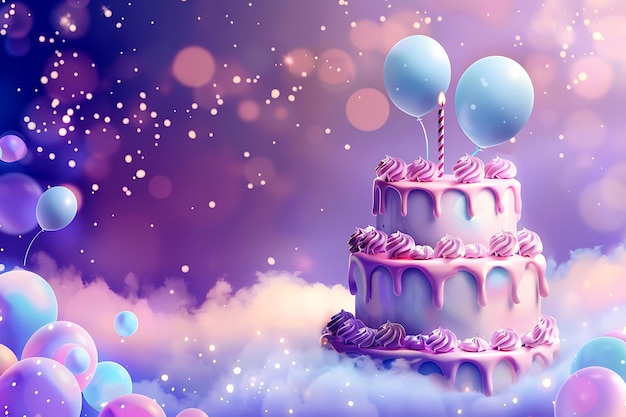 a birthday cake with balloons and a purple sky with the words quot birthday party quot