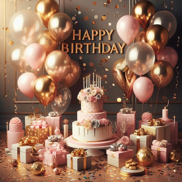 a birthday cake with balloons and a sign that says happy birthday