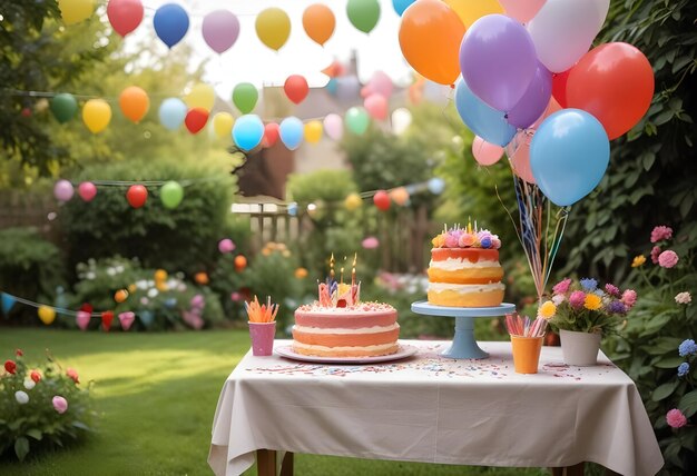 a birthday cake with balloons on the table and a cake with candles