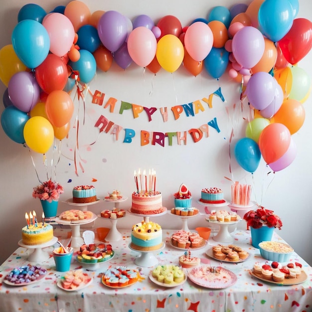 a birthday cake with balloons on the wall behind it