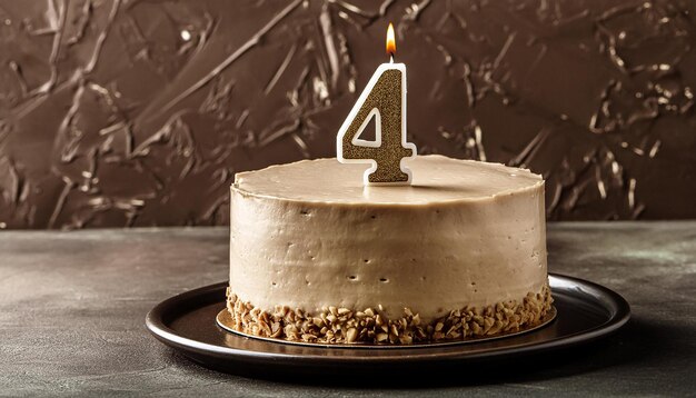 Birthday cake with beige cream and candle number 4 Sweet food Festive dessert Happy anniversary