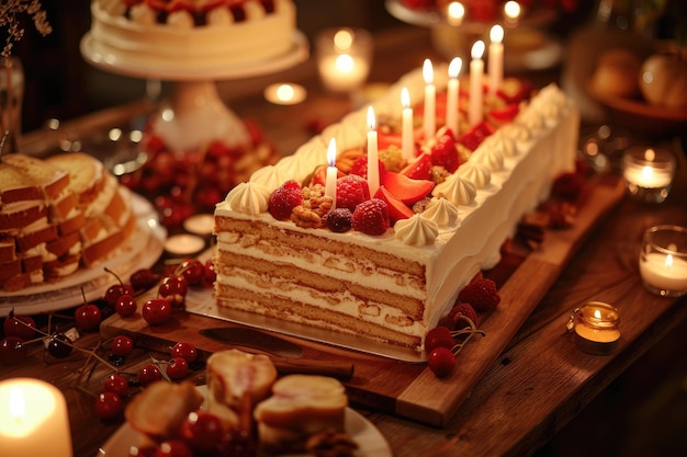 Birthday cake with berries and candles on wooden table