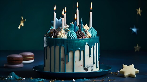 A birthday cake with blue and white icing and candles on it