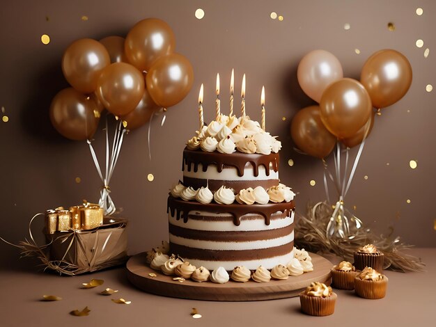 a birthday cake with a bunch of balloons and a cake with candles on it