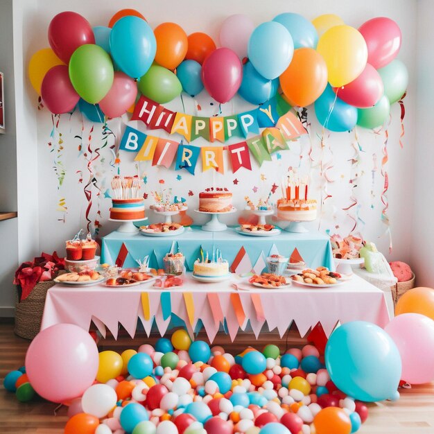 a birthday cake with a bunch of balloons on the wall