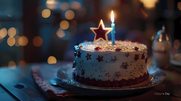 Birthday cake with burning candle on the background of the Christmas tree Generative AI