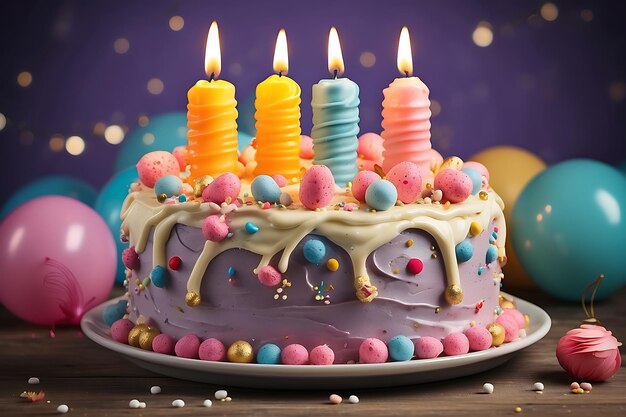 Birthday cake with burning candles on blue background Toned