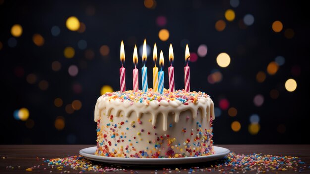 Birthday cake with burning candles on wooden table Bokeh background Generative AI