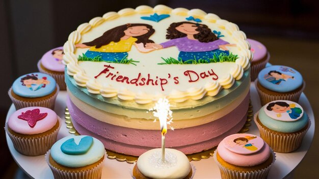 a birthday cake with a cake that says friendship day on it