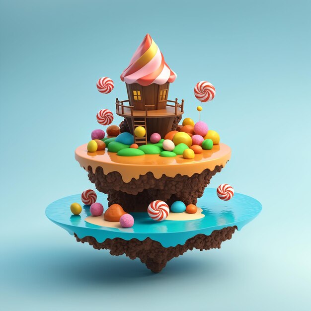 Photo birthday cake with candies and lollipops 3d render