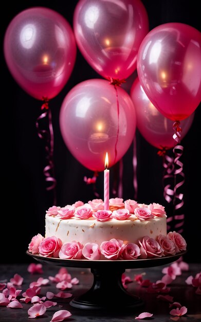 a birthday cake with a candle and pink balloons