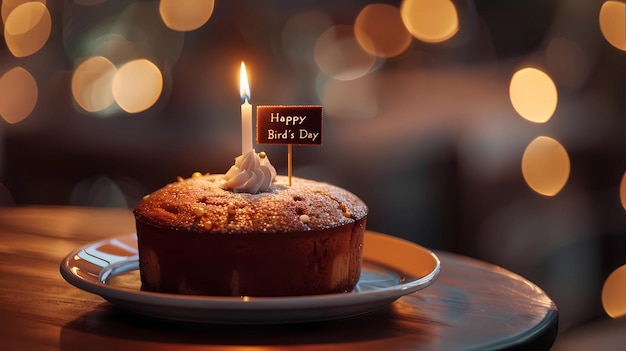 Birthday cake with candle on wooden table in front of defocused lights Generative AI illustrations