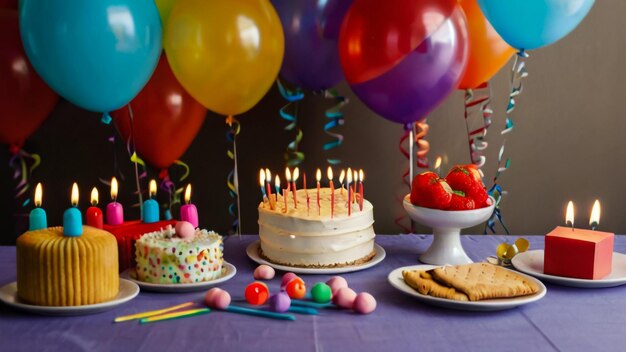 Birthday cake with candles on balloons background