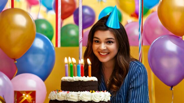 Birthday cake with candles on balloons background