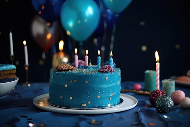 Birthday cake with candles and balloons on blue background closeup Blue Birthday Cake with gift boxes confetti and balloon AI Generated