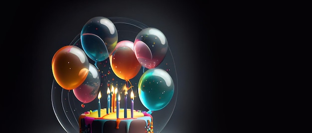 Birthday cake with candles and balloons panoramic layout Generative Ai