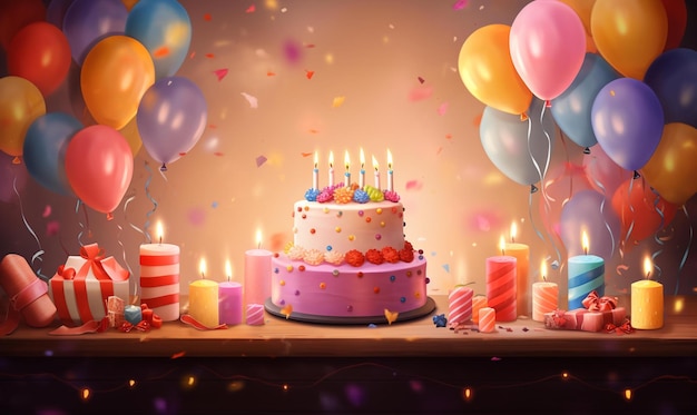 Birthday cake with candles and balloons Realistic background 3D rendering