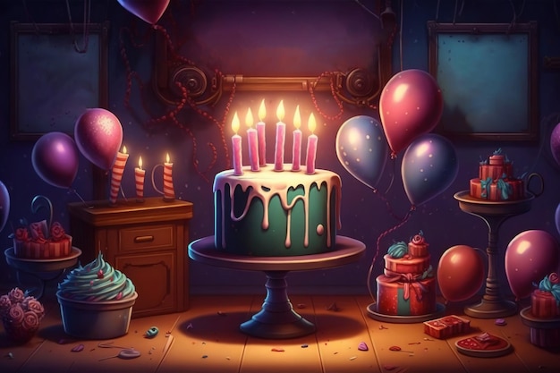 A birthday cake with candles and balloons on the table.