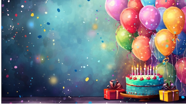 Birthday cake with candles and balloons on wooden background