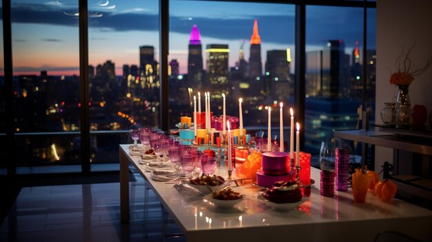 Photo birthday cake with candles city skyline at night cake with candles christmas candles of christmas