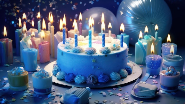 A birthday cake with candles on it and a blue cake with the number 7 on it.