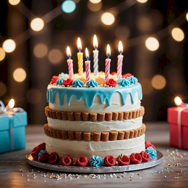 a birthday cake with candles on it and a cake with the words quot happy birthday quot on the bottom