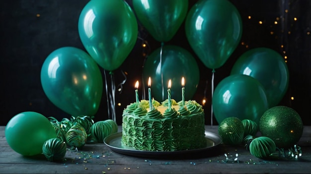 a birthday cake with candles on it and a green balloon