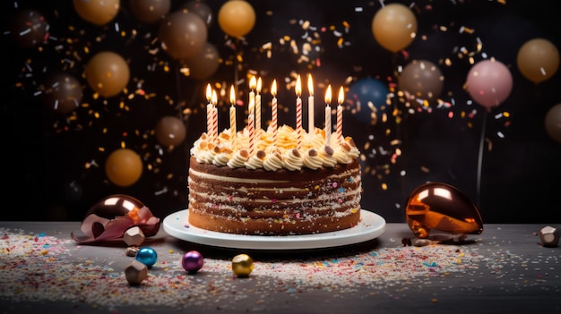 A birthday cake with candles on it is surrounded by confetti and balloons