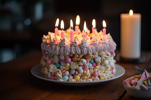 Birthday cake with candles and marshmallows on a wooden table A delicious birthday cake on a wooden table with soft creamy frosting and sprinkles AI Generated