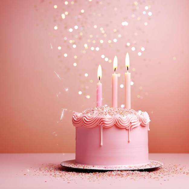 Birthday cake with candles on pink background