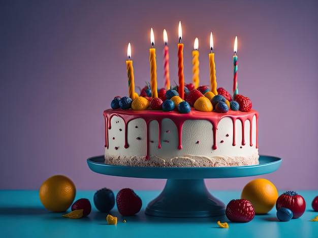 Birthday cake with candles on soft colorful ai generative