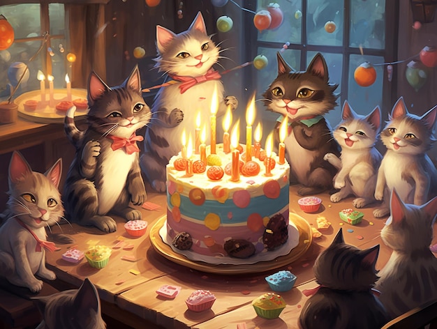 A birthday cake with cats and a cake with candles on it