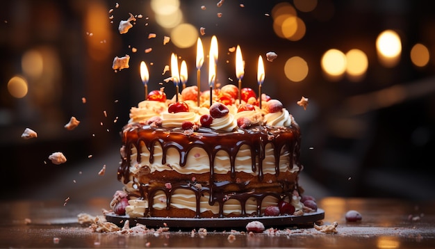 Birthday cake with chocolate icing and burning candle flame generated by artificial intelligence