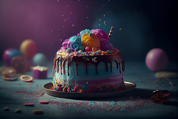 Birthday cake with colorful cream and sprinkles on a dark backgroundgenerative ai