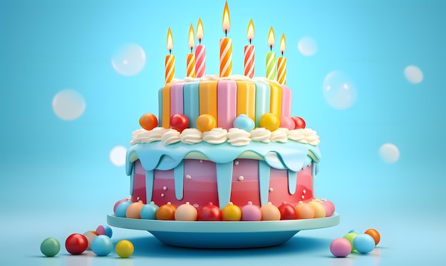 Birthday cake with cute decorated with candles balloons candy ribbon on a light blue background