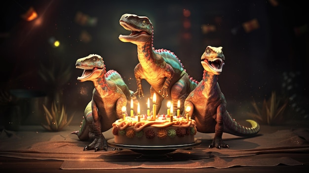 A birthday cake with dinosaurs on it and a birthday cake with lit candles.