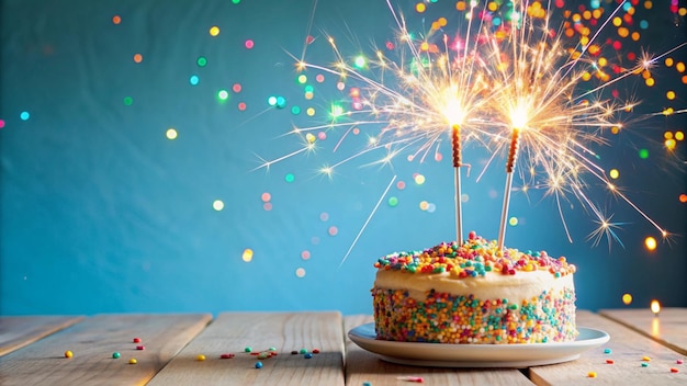 a birthday cake with fireworks and a cake with fireworks behind it