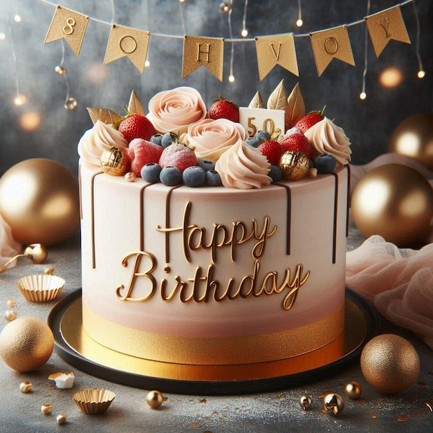 a birthday cake with flowers and a banner that says happy birthday