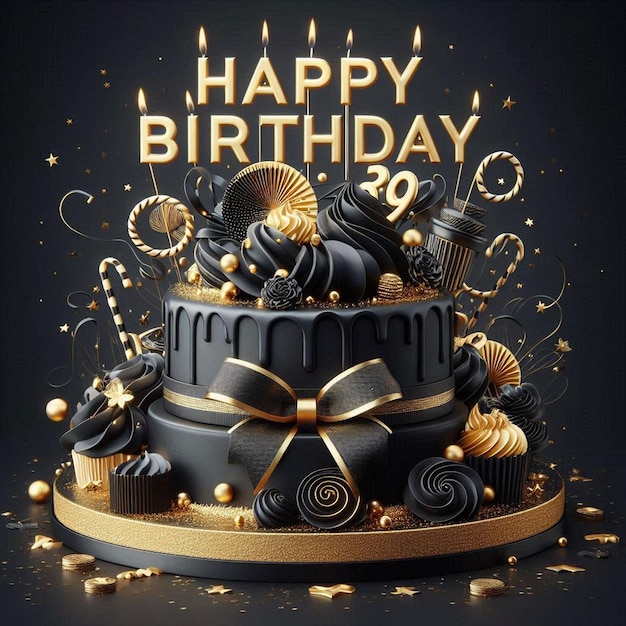 a birthday cake with a gold ribbon and a black background with gold and black decorations