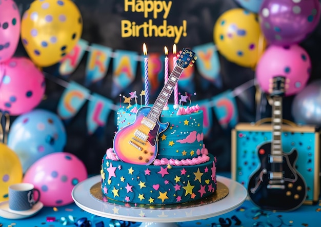 a birthday cake with a guitar on it and a banner that says happy birthday