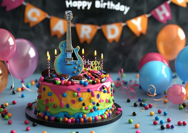 a birthday cake with a guitar on it and a birthday cake in the background